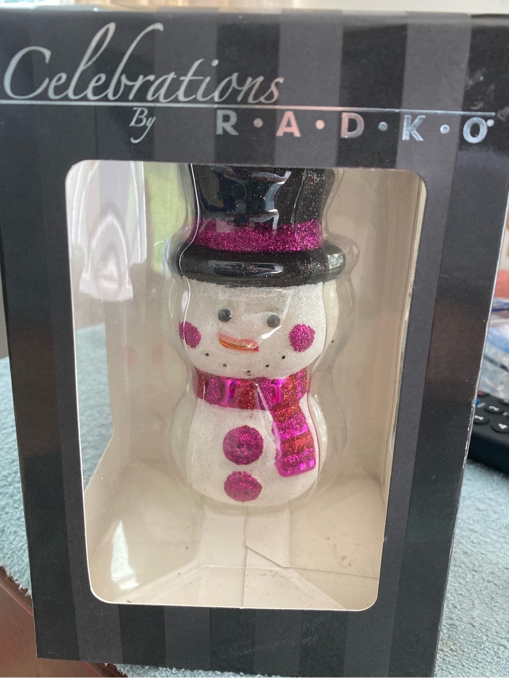 Celebrations RADKI White Pink Glitter Snowman Holiday Ornament  NIB